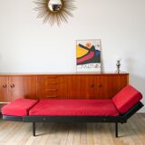 Day Bed sofa in skai, mottled red fabrics and black metal 1950
