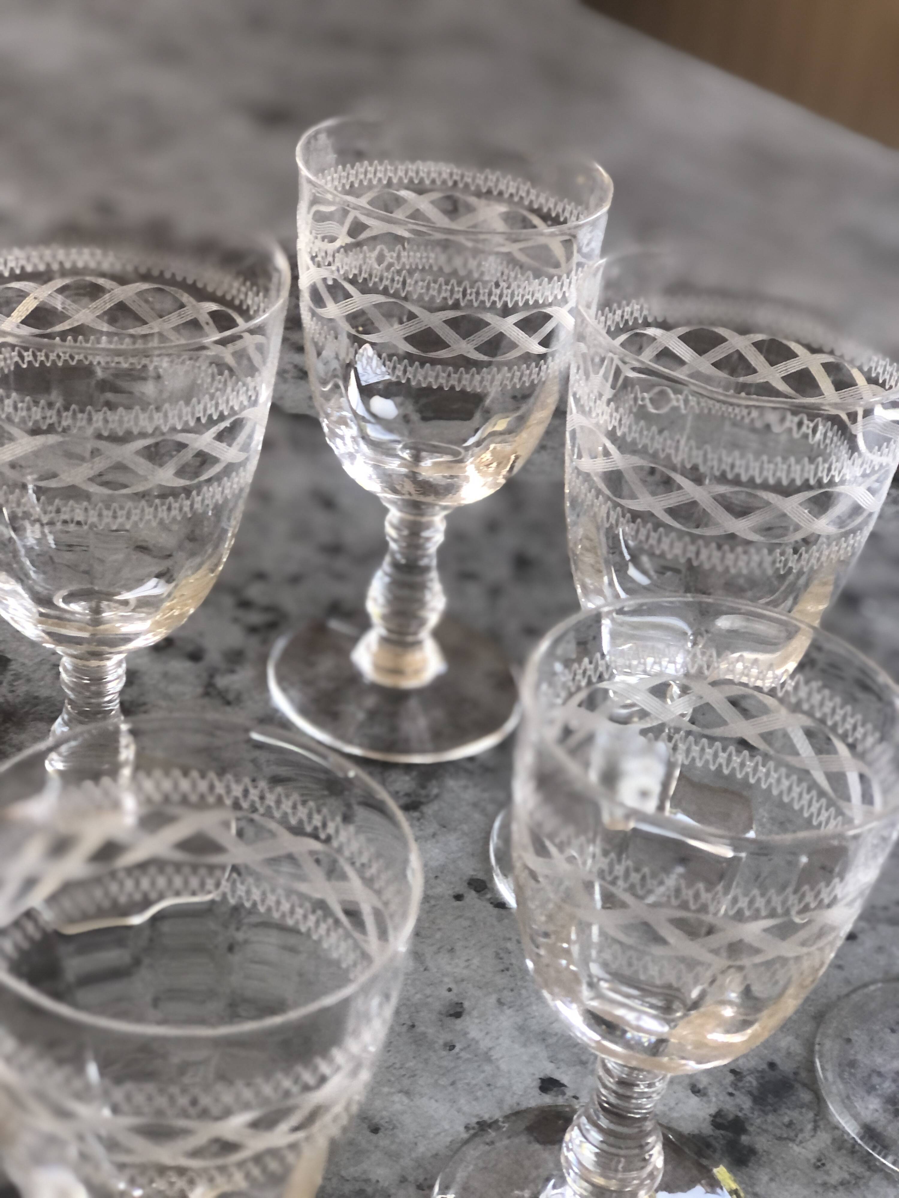 6 old engraved crystal glasses