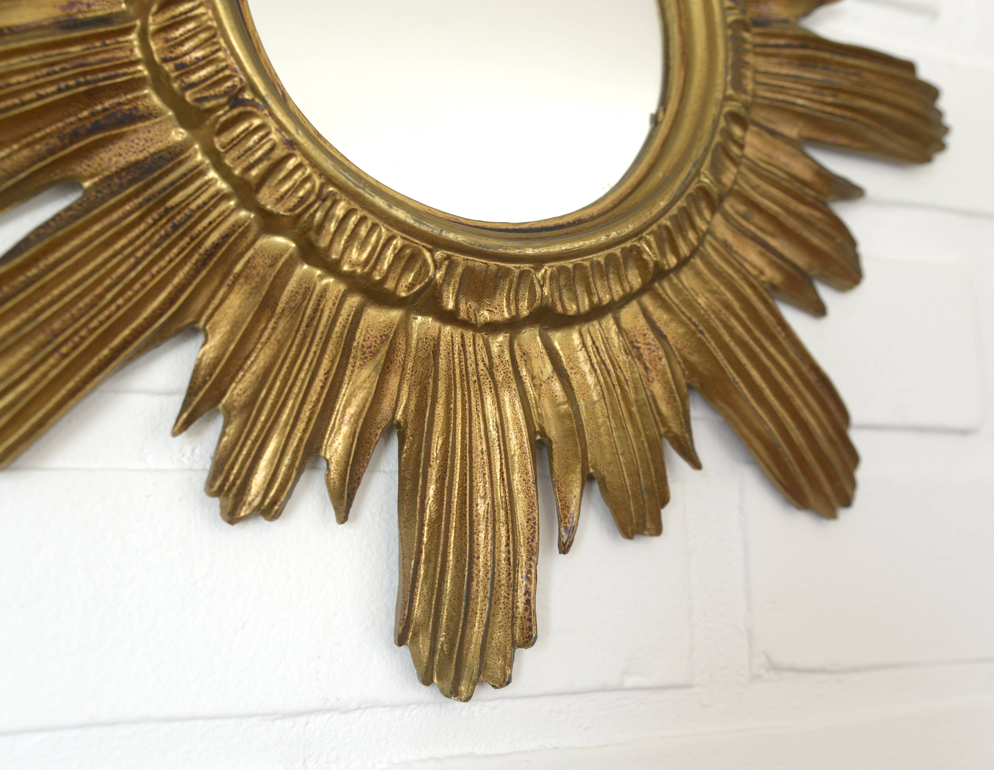 Vintage Gold Sunburst Wall Mirror Made in Italy 1960's Hollywood Regency