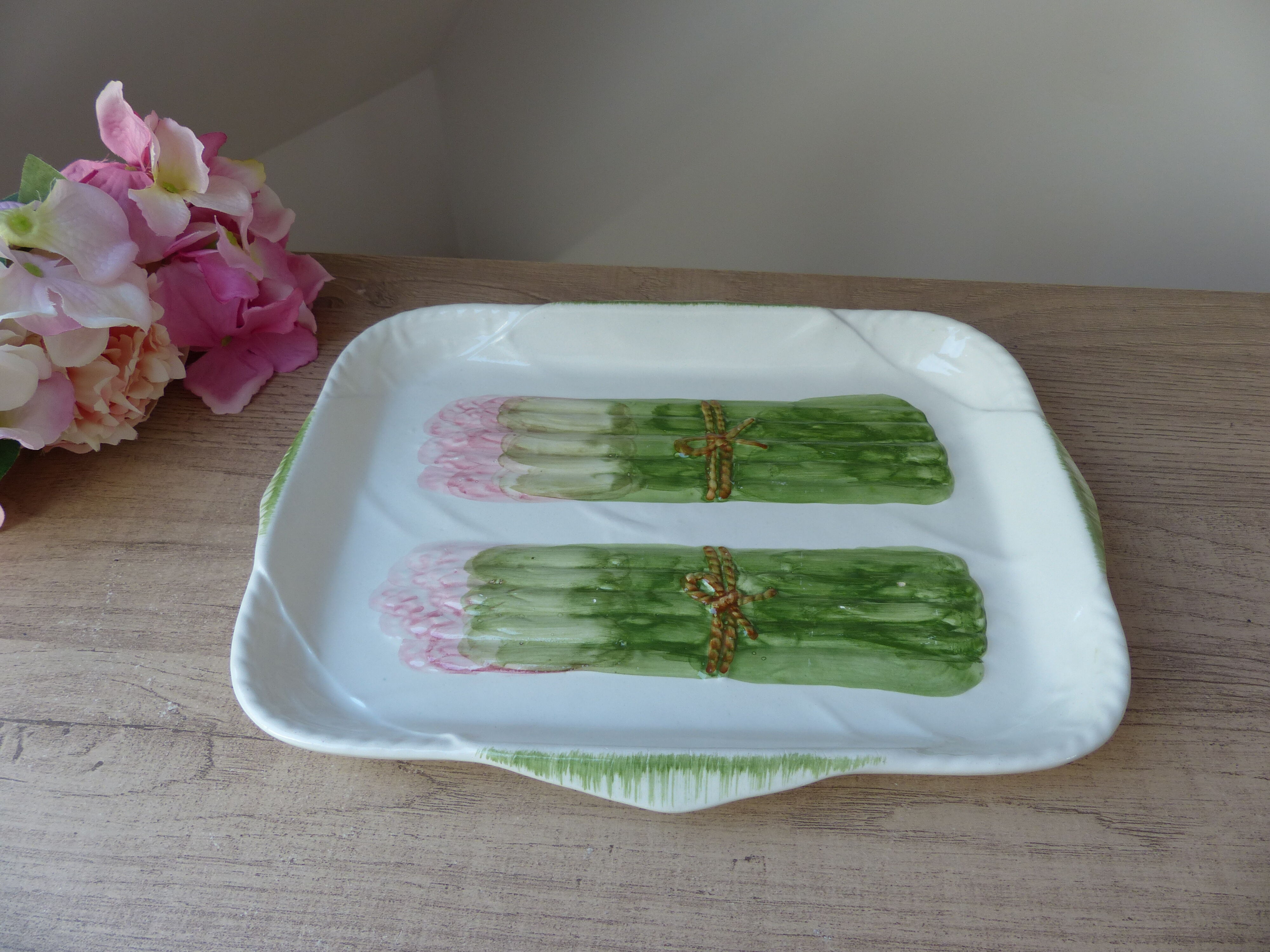 Antique asparagus dish - vintage slurry ceramic