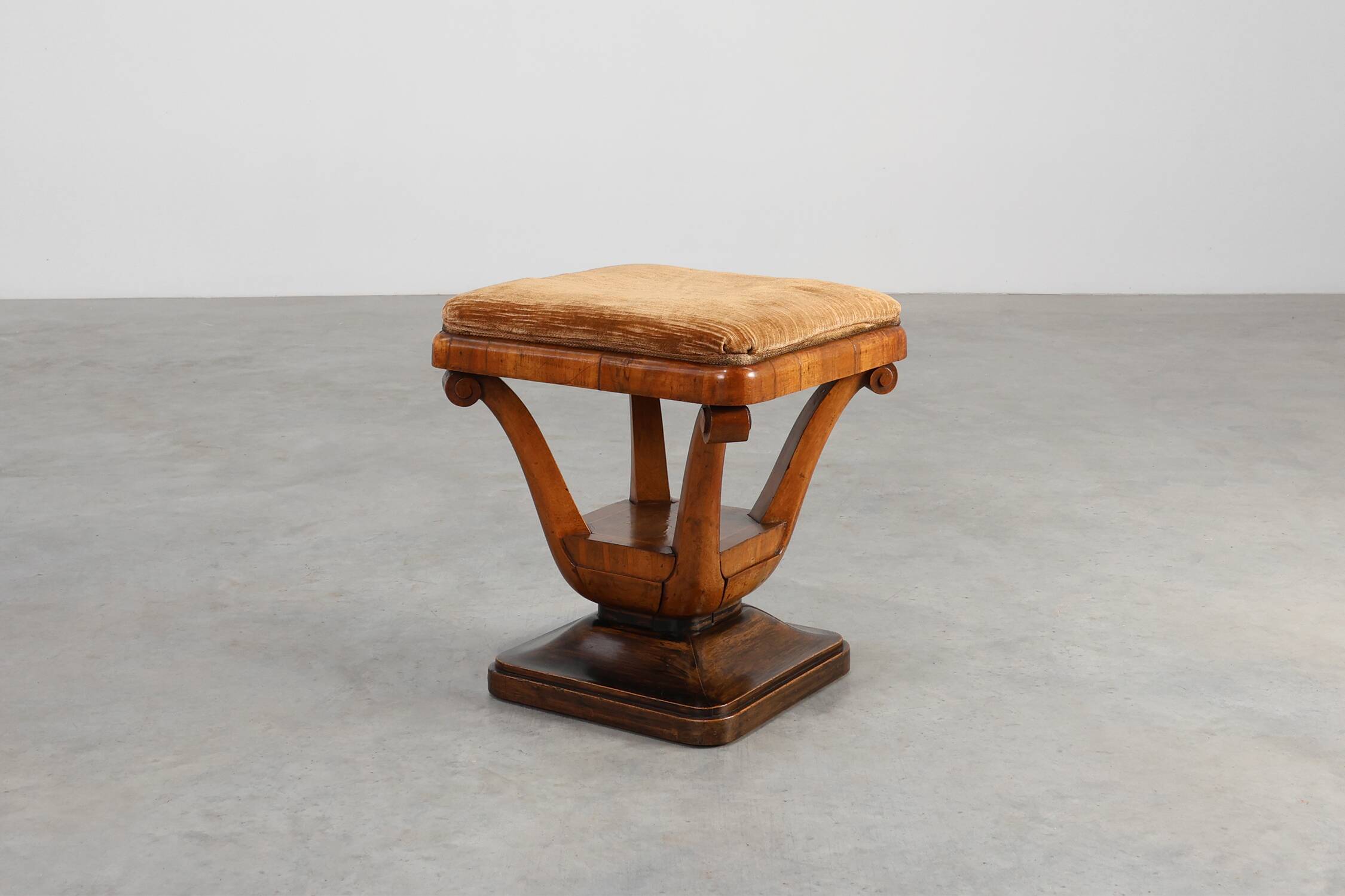 Art Deco Walnut Stool with Original Fabric, Italy, 1920