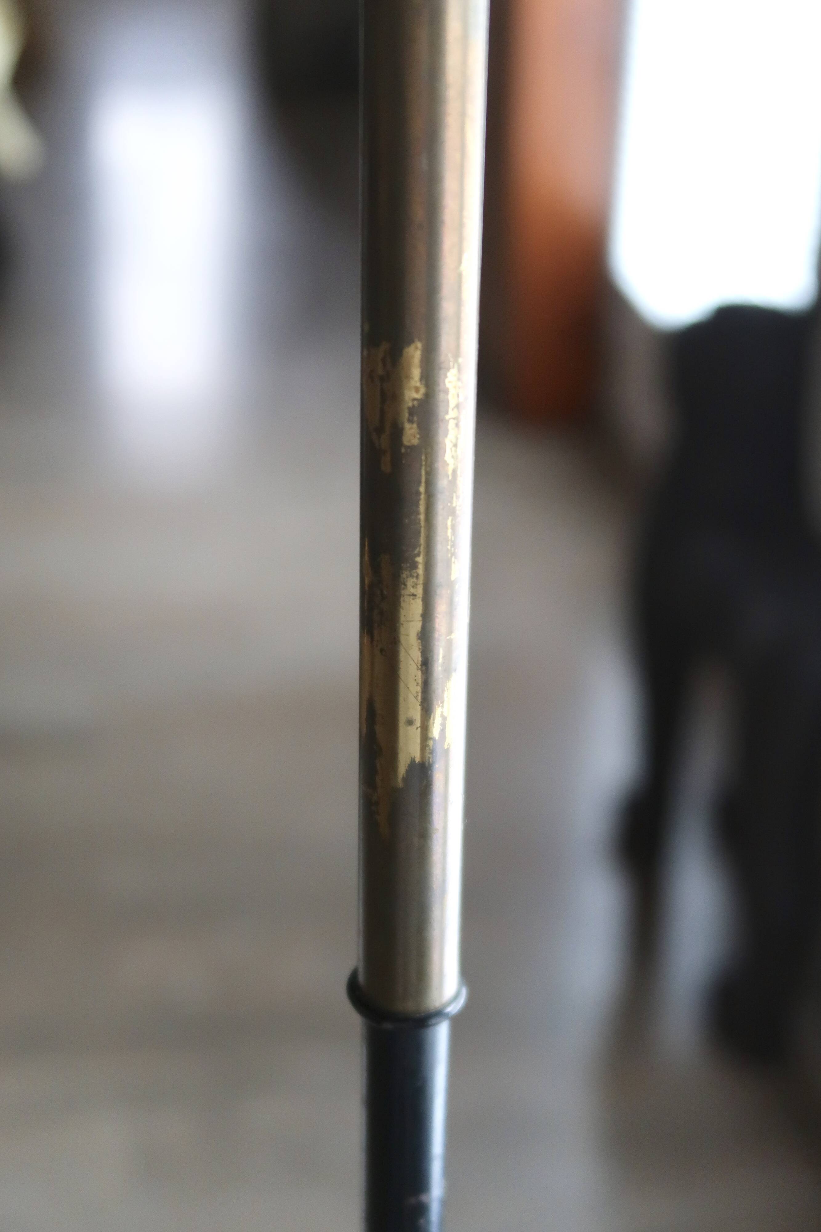 Tripod floor lamp with wooden "pallet" shelf, 50s