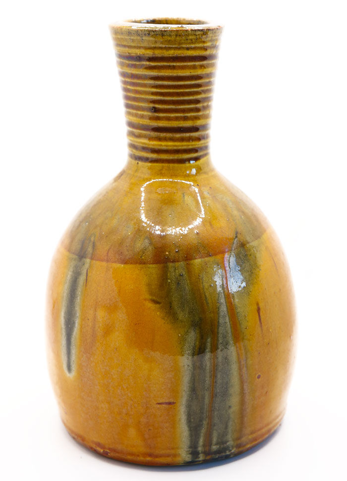 Saffron yellow enamelled earthenware vase with khaki green glazes from Meyssac, Corrèze