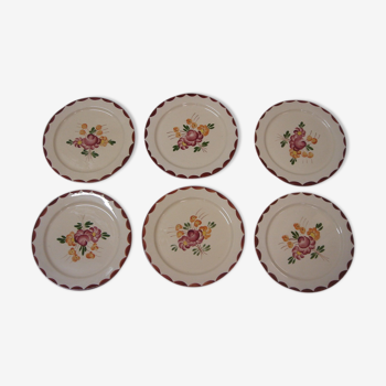 6 assiettes à dessert faïence Longchamp de 1940/50 décor peint main