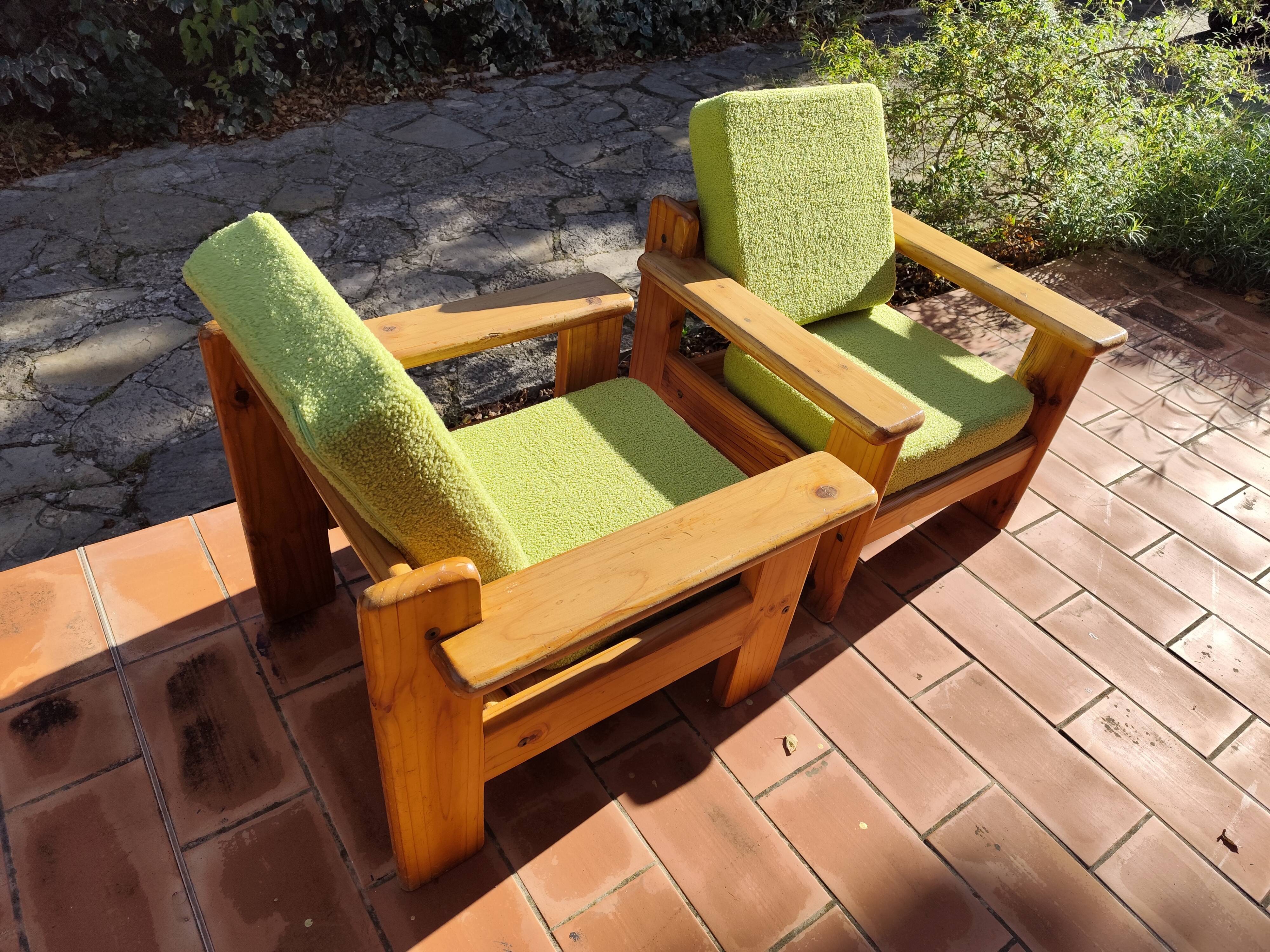 Pair of vintage brutalist lounge chairs in solid pine, 1980s DLG Regain