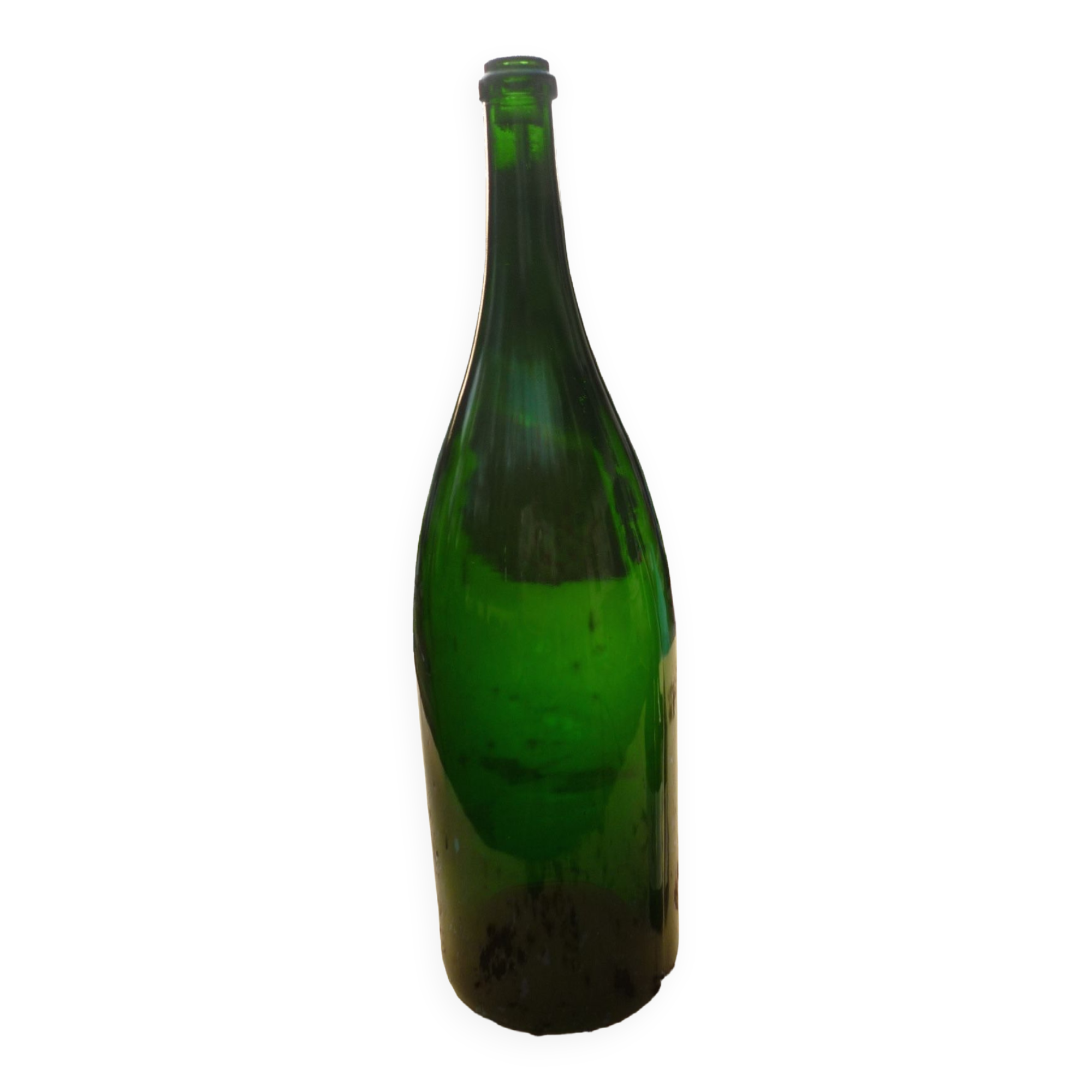 Green blown glass bottle of 58 cm.
