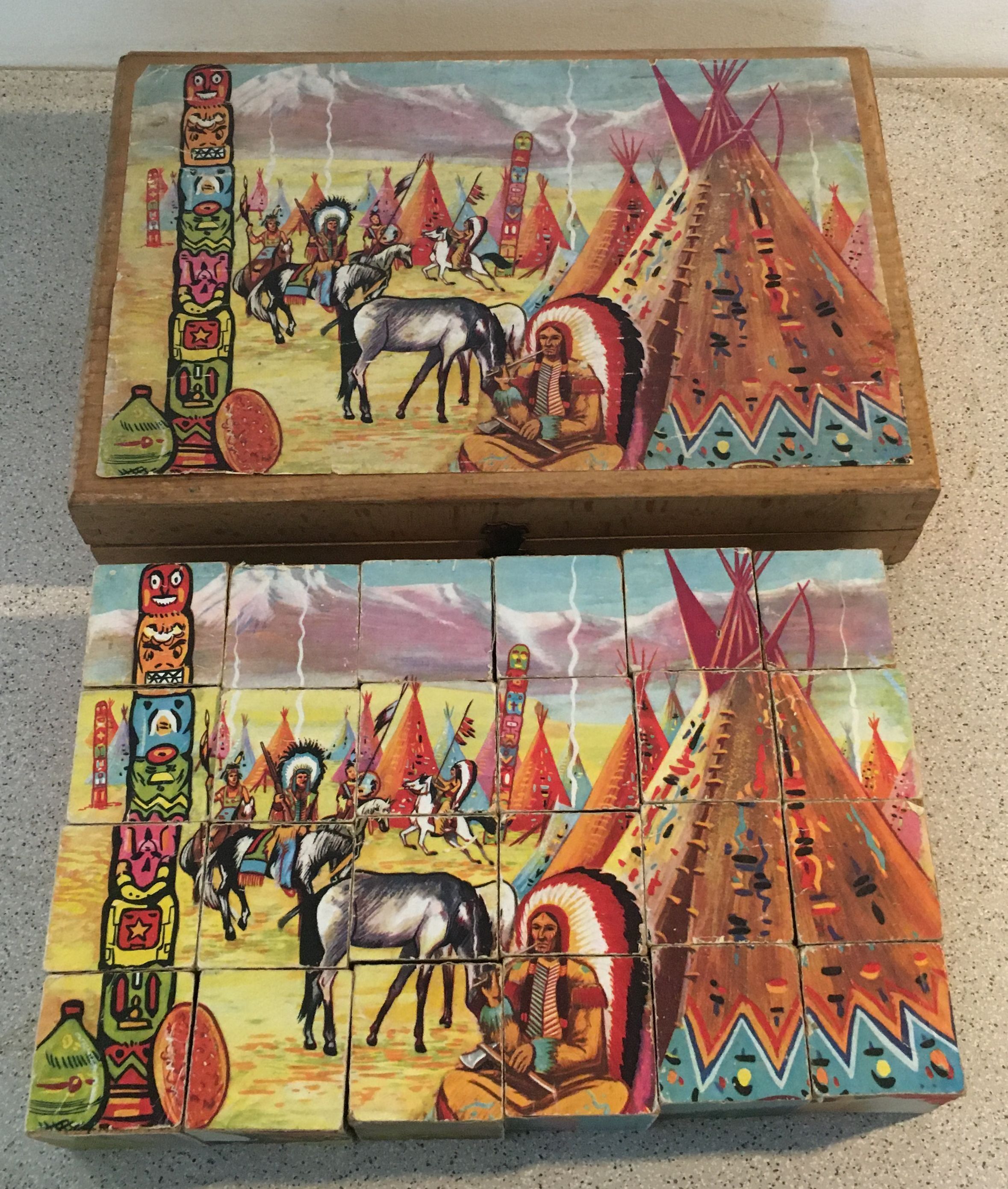 Old game of 24 wooden puzzle cubes from the 1950s