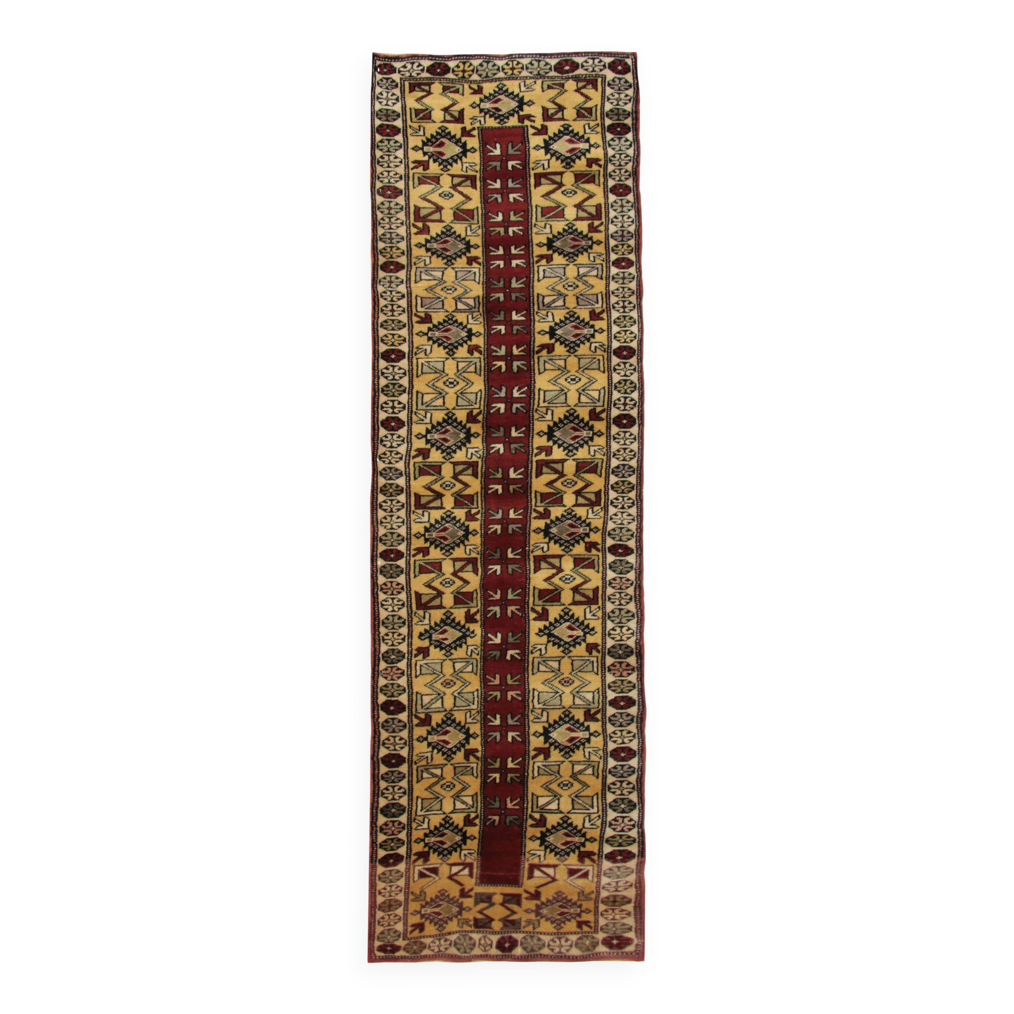 Rustic Mustard Burgundy Runner, Vintage Turkish Milas Wool Runner 81x286cm
