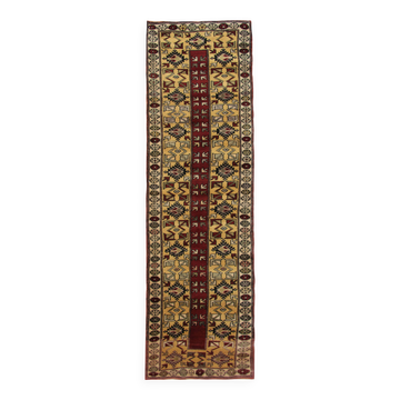 Rustic Mustard Burgundy Runner, Vintage Turkish Milas Wool Runner 81x286cm