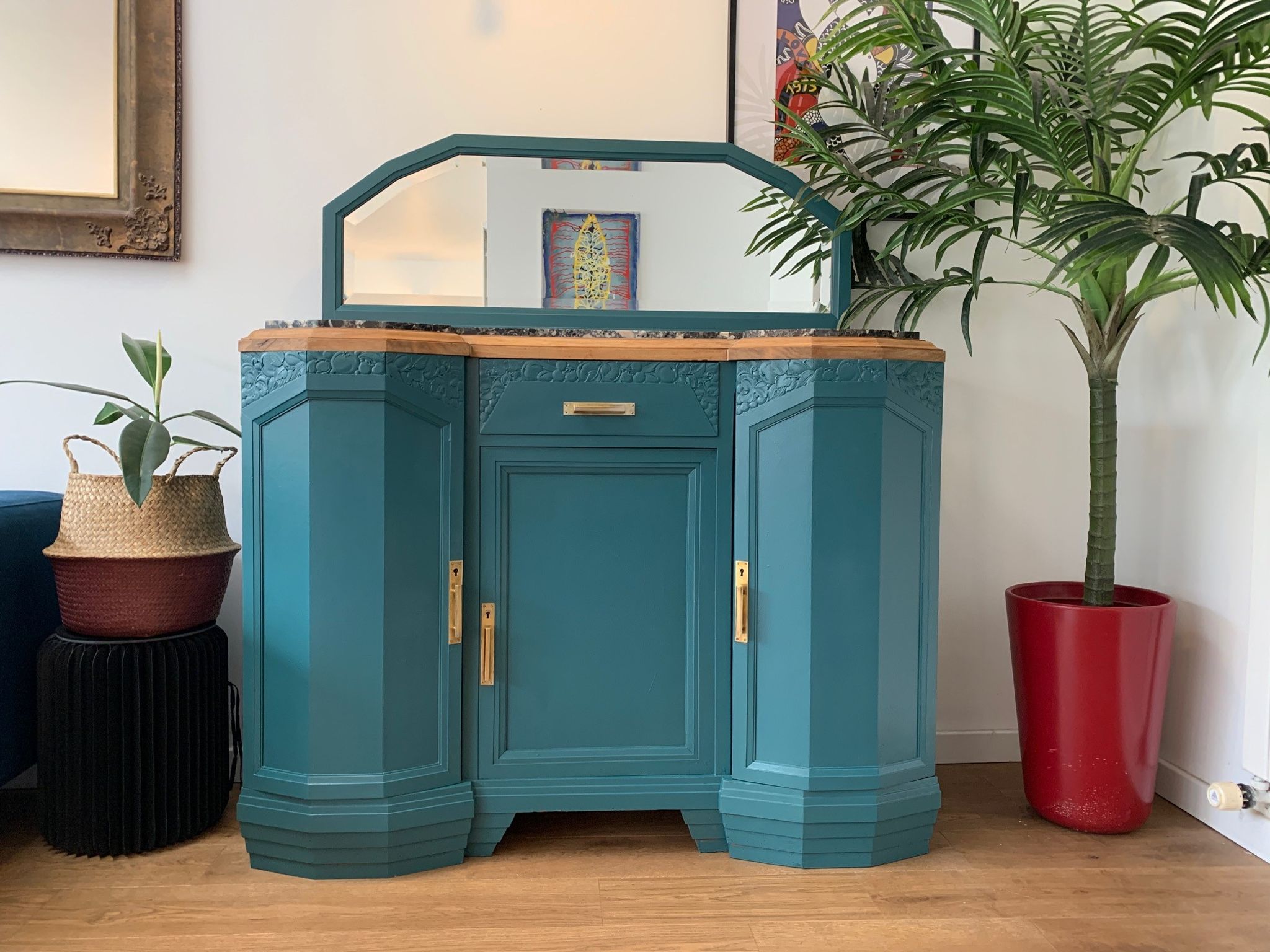 Art deco sideboard restyled blue green duck, marble top, brass handles, vintage shabby chic