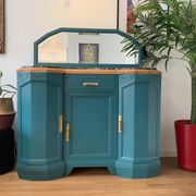 Art deco sideboard restyled blue green duck, marble top, brass handles, vintage shabby chic