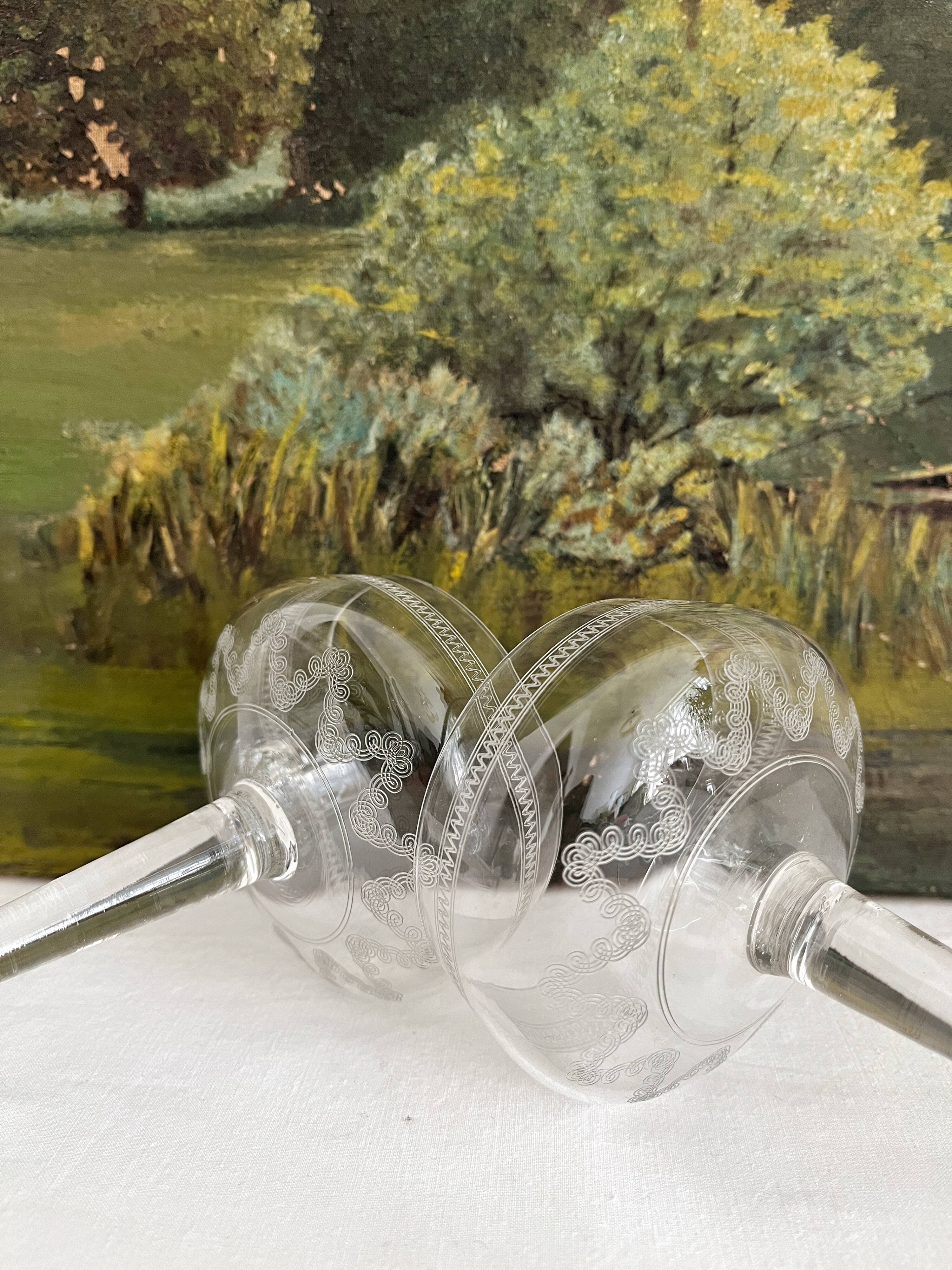 3 antique crystal champagne coupes with engraved decoration