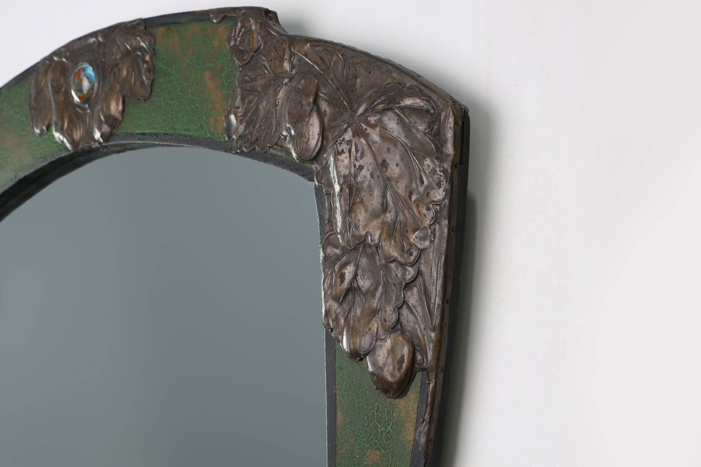 Arts & Crafts Mirror in green metal with glass decoration, France ca. 1905