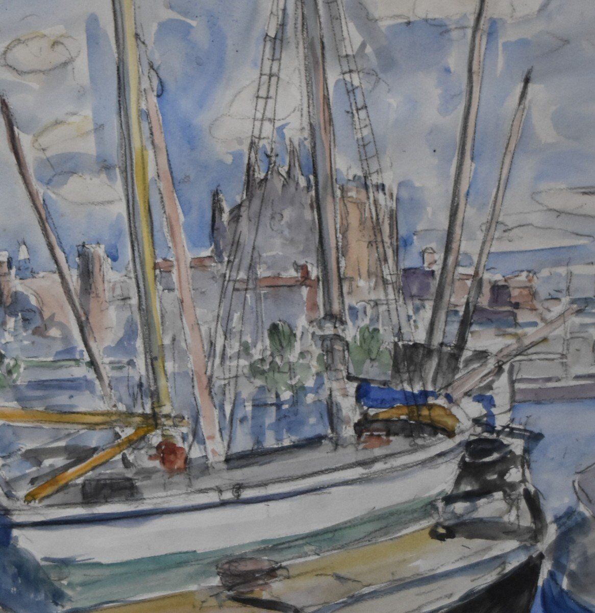French School of the 20th Century, Sailboats in the Port of La Palma, Watercolour