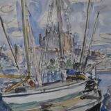 French School of the 20th Century, Sailboats in the Port of La Palma, Watercolour