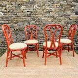 Set of 4 red rattan chairs and fabric