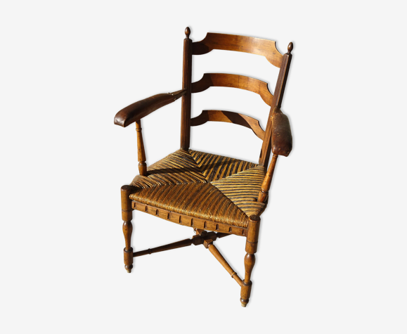 Fauteuil paillé avec accoudoirs en cuir, du XIXème