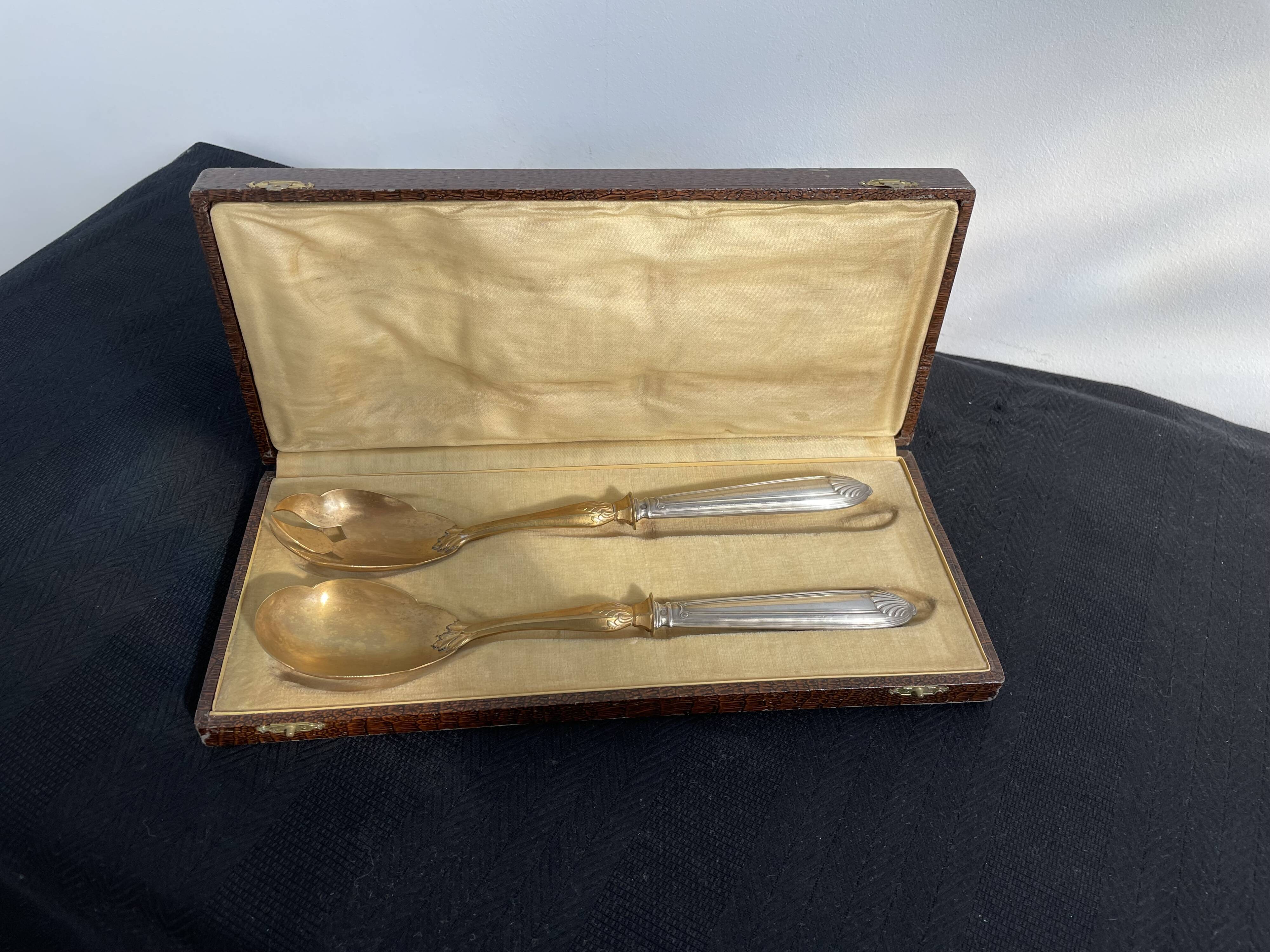 Salad cutlery service, filled silver, gold metal, France