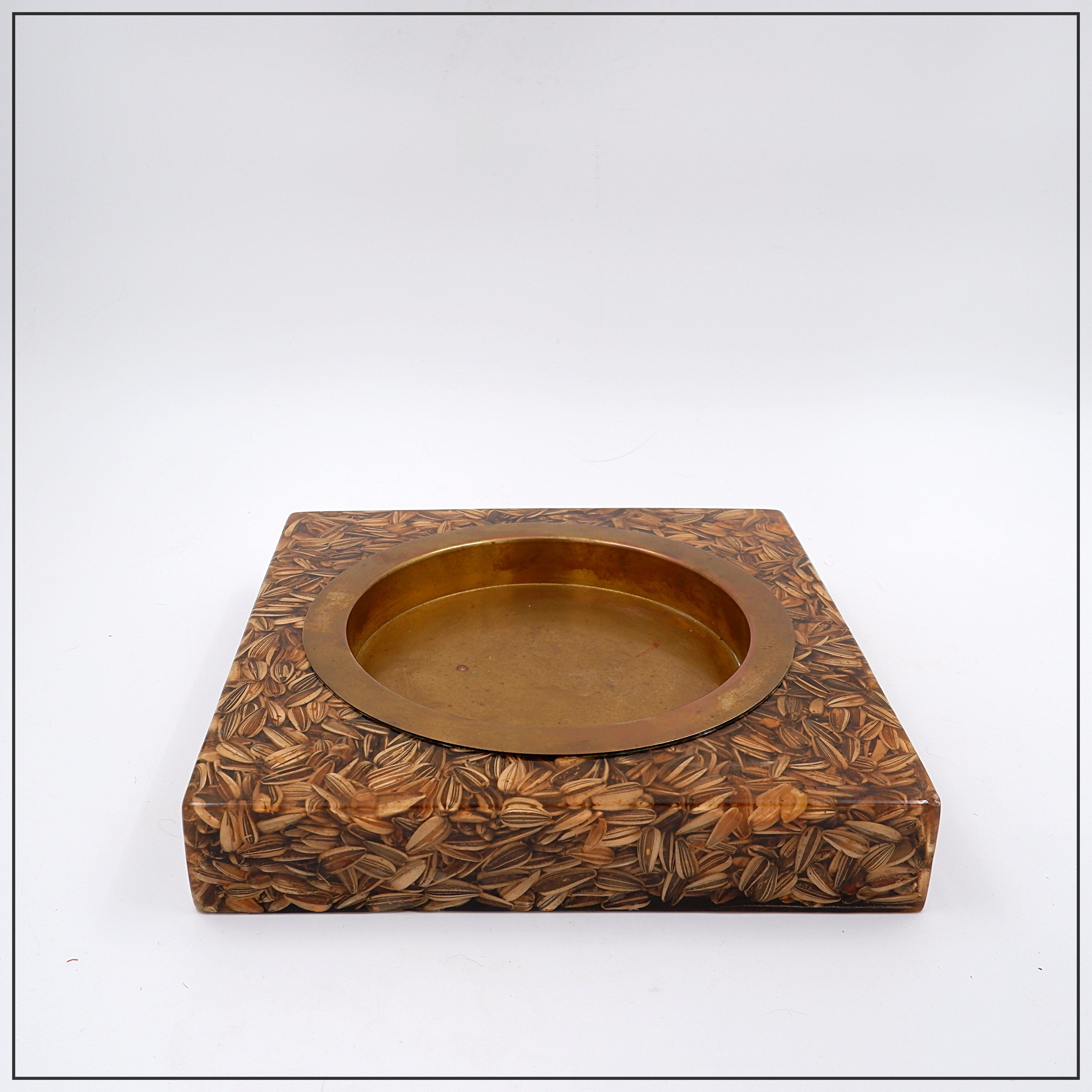 Large square brass and epoxy trinket tray with seed inclusions