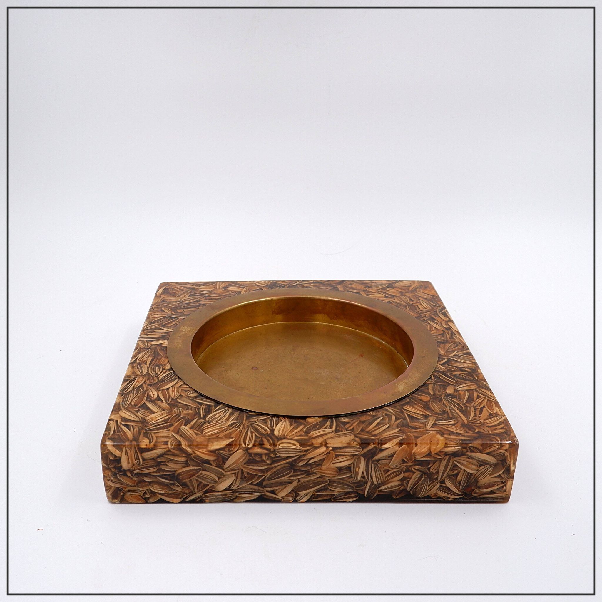 Large square brass and epoxy trinket tray with seed inclusions