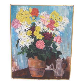 Painting with a vase with many flowers