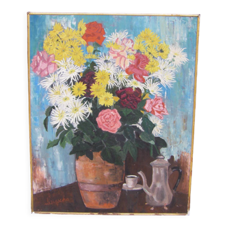 Peinture avec un vase aux nombreuses fleurs