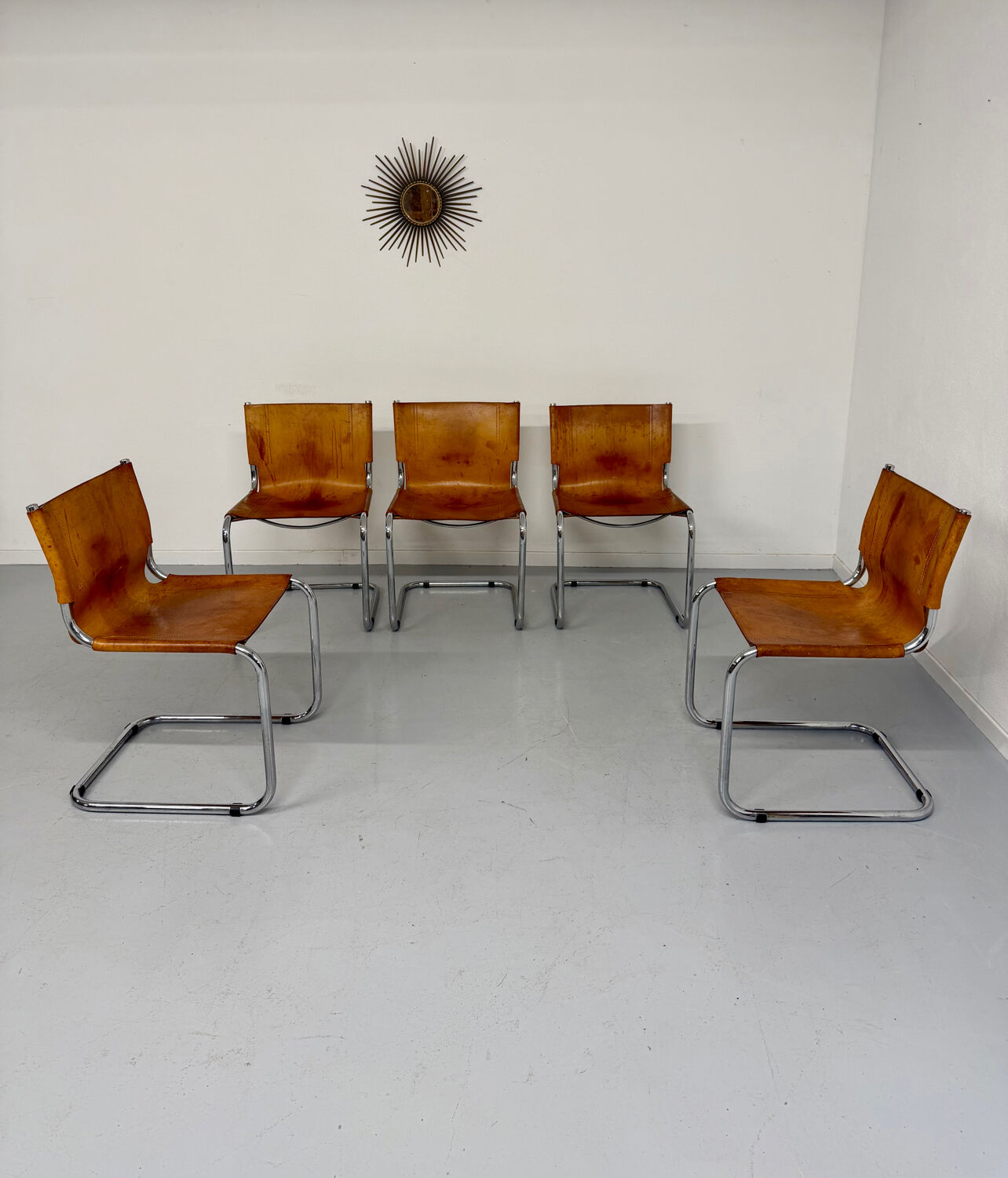 Lot of 5 tubular chairs Mart Stam edition Fasem vintage patinated leather