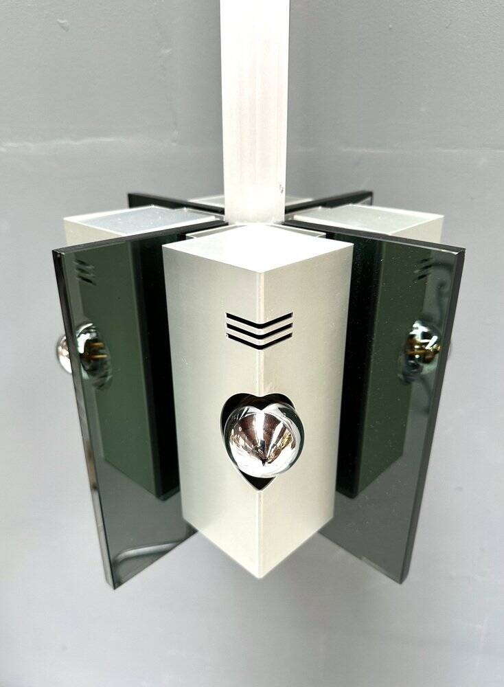 Lampe suspendue vintage en verre fumé et aluminium italien, années 1970