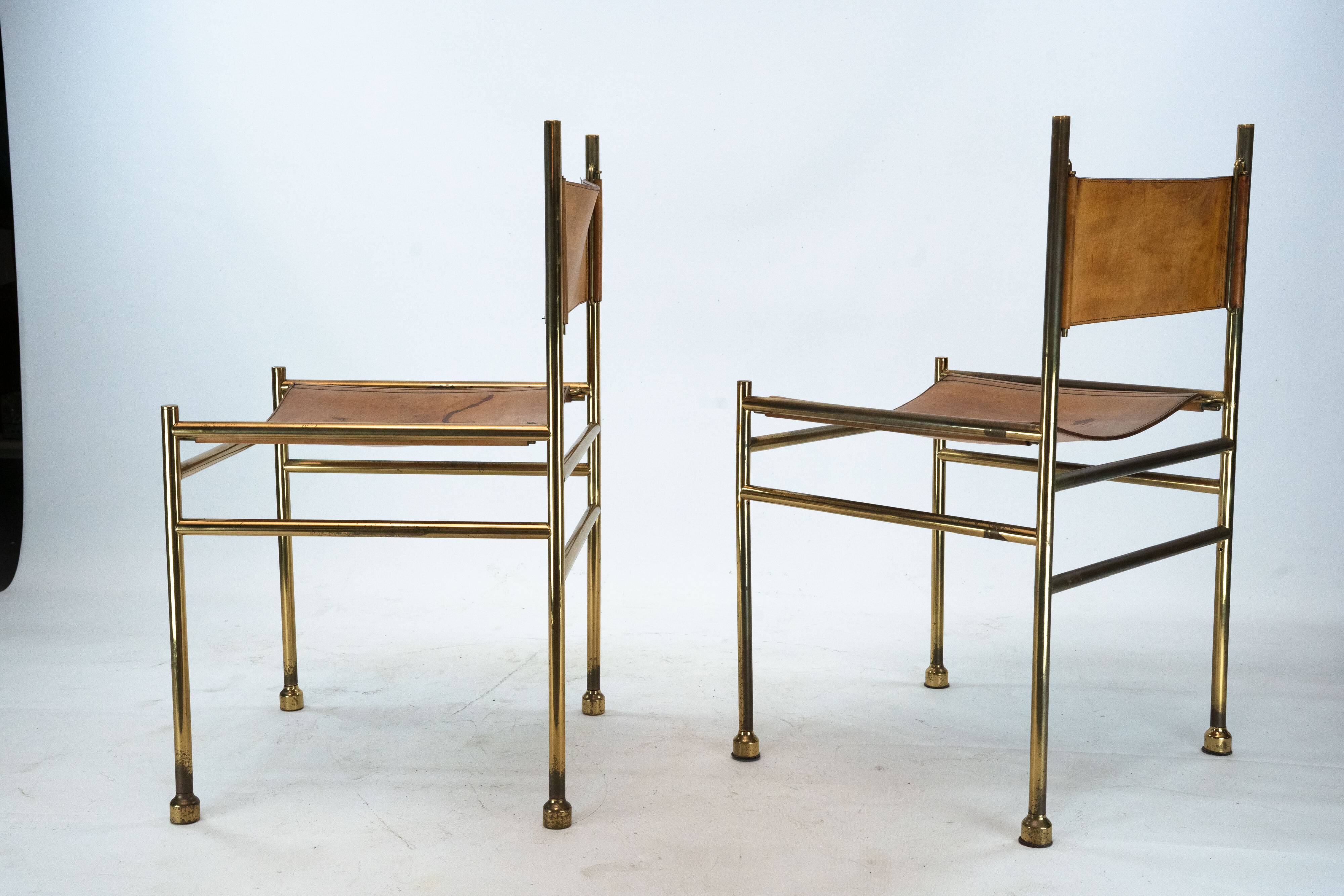 Set of 4 Brass and Leather Chairs by Luciano Frigerio, Italy, 1970s