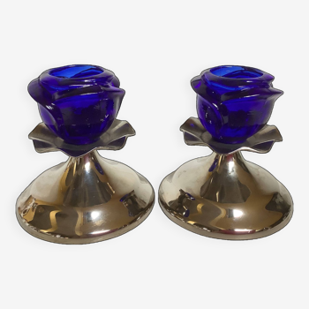 Pair of cobalt blue tulip foot candlesticks