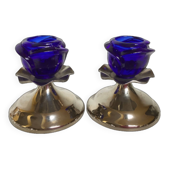 Pair of cobalt blue tulip foot candlesticks