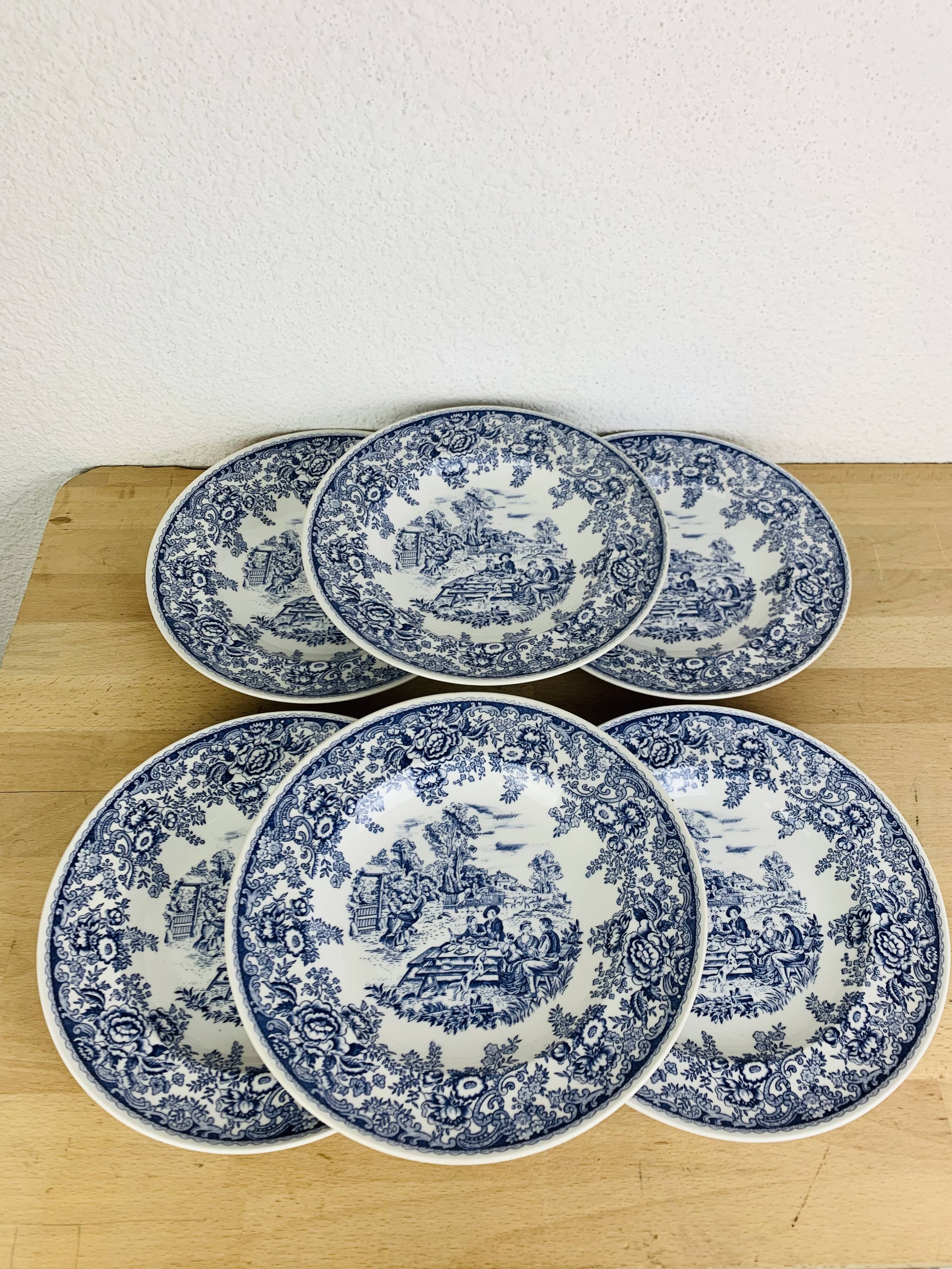 6 assiettes plates terre de fer bleues vintage