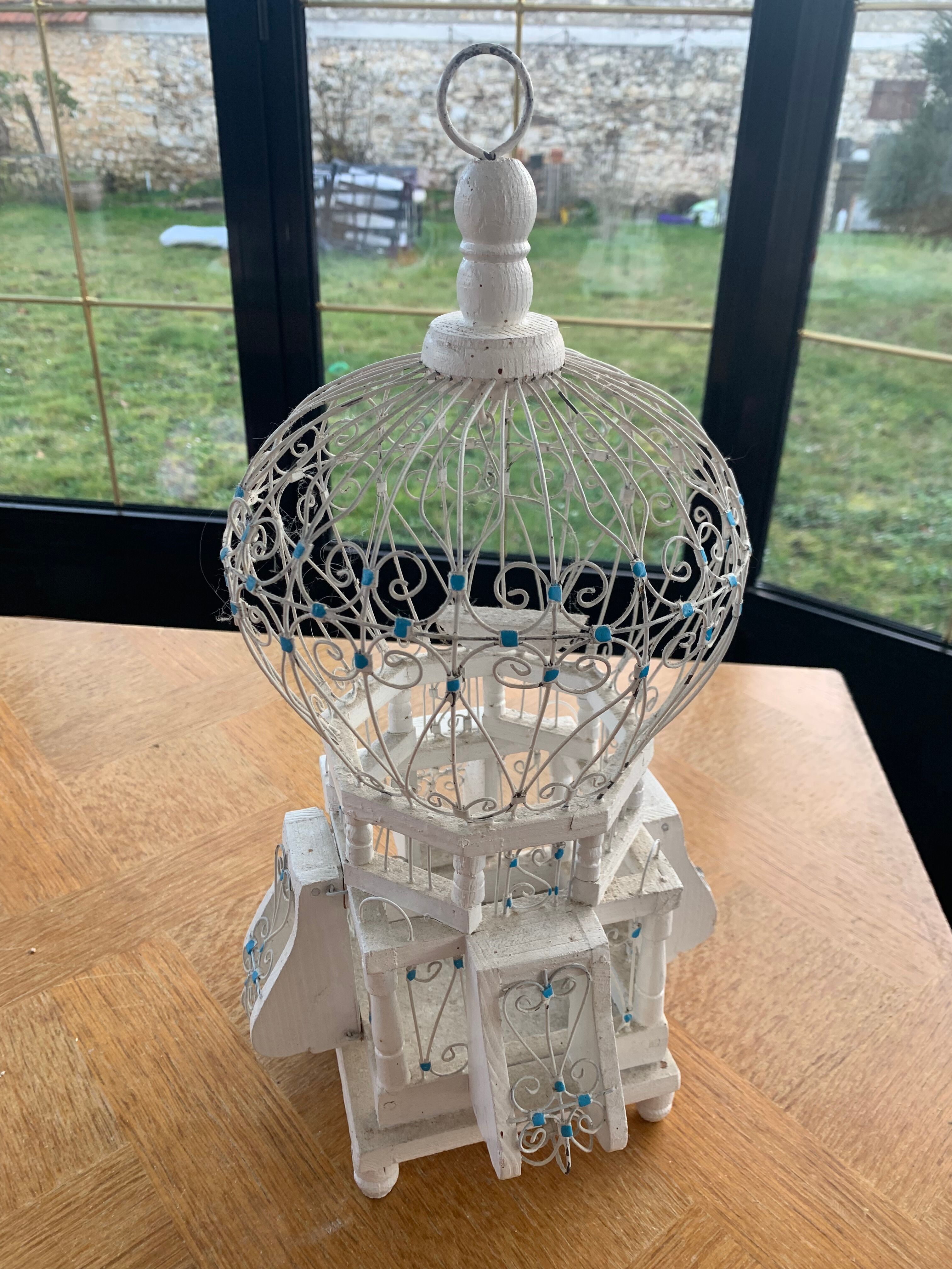 Oriental bird cage, metal and wood white and vintage blue