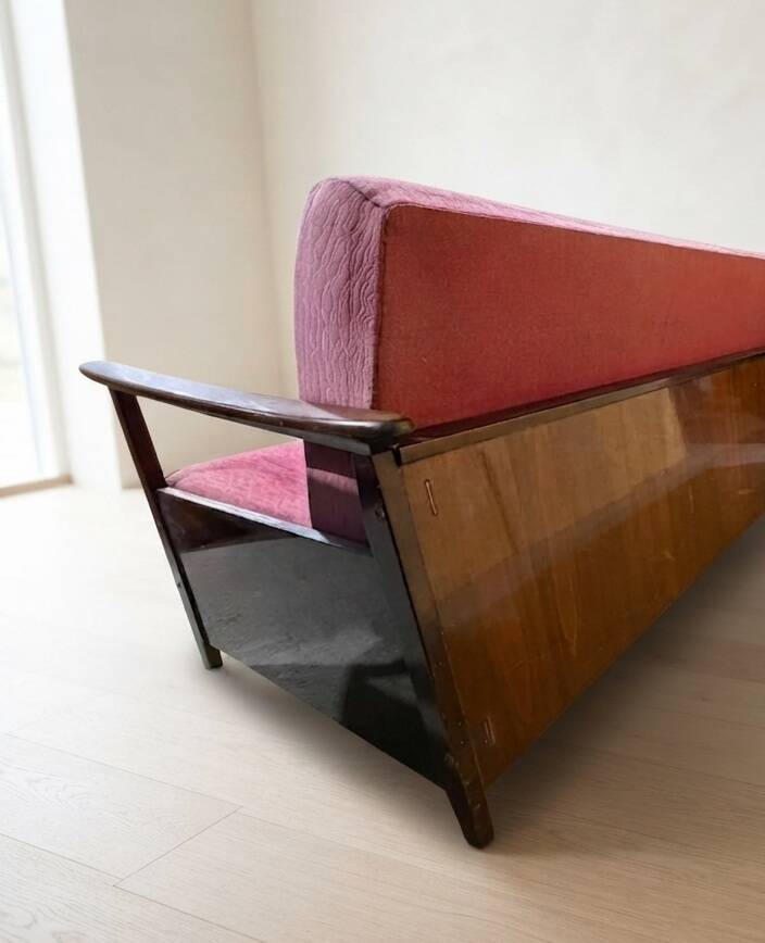 Burgundy folding sofa bed by Edmund Homa, mid-century modern, 1960s, Czechoslovakia, 200 × 88 × 80 cm