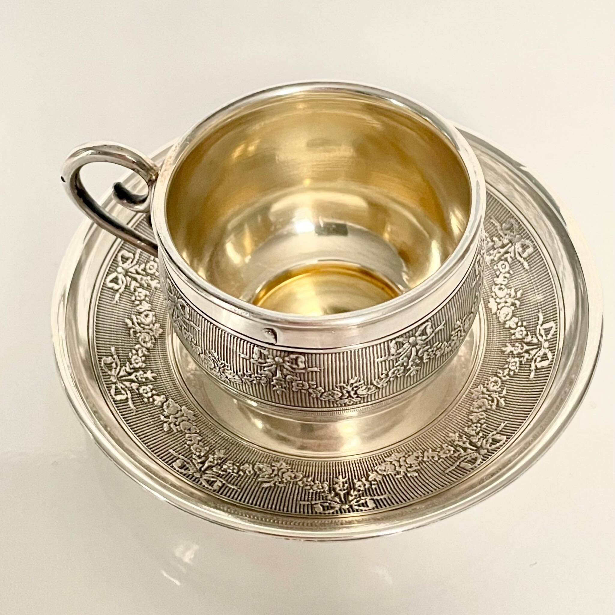 Silver Cup and Saucer | 20th Century | Ribbon and Flower Garland