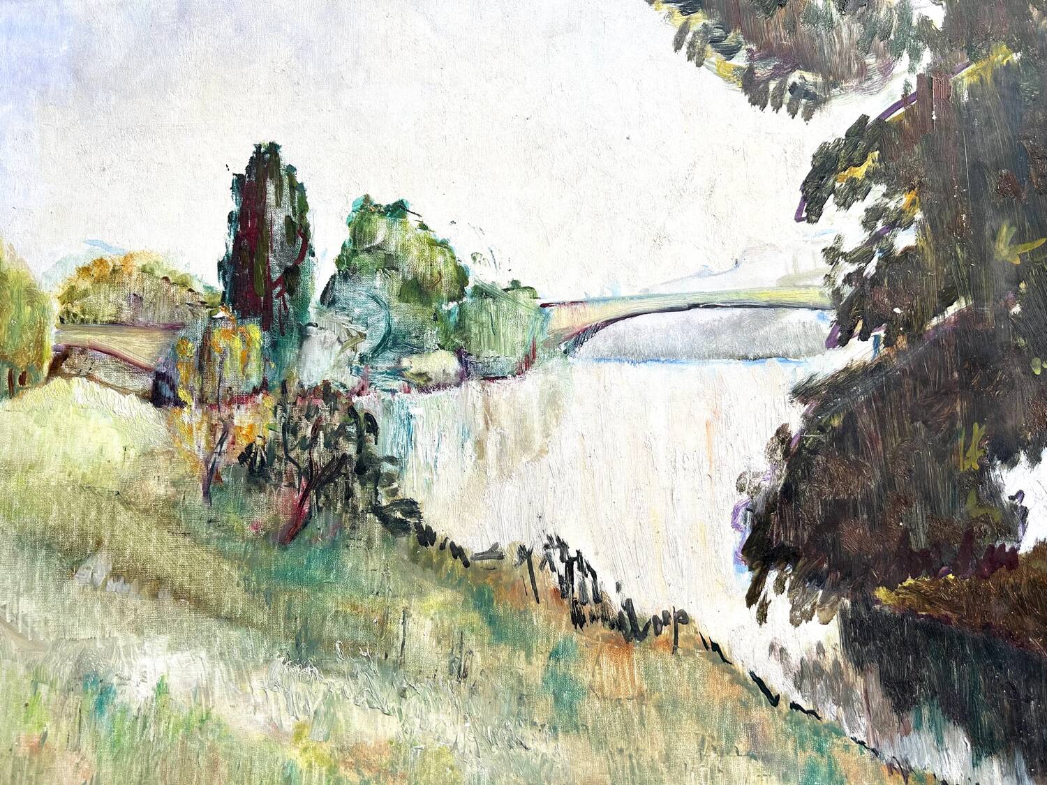 Pont sur Seine vers Marly, Huile sur Panneau, M. Tassart. Vers 1955. K