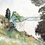 Pont sur Seine vers Marly, Huile sur Panneau, M. Tassart. Vers 1955. K