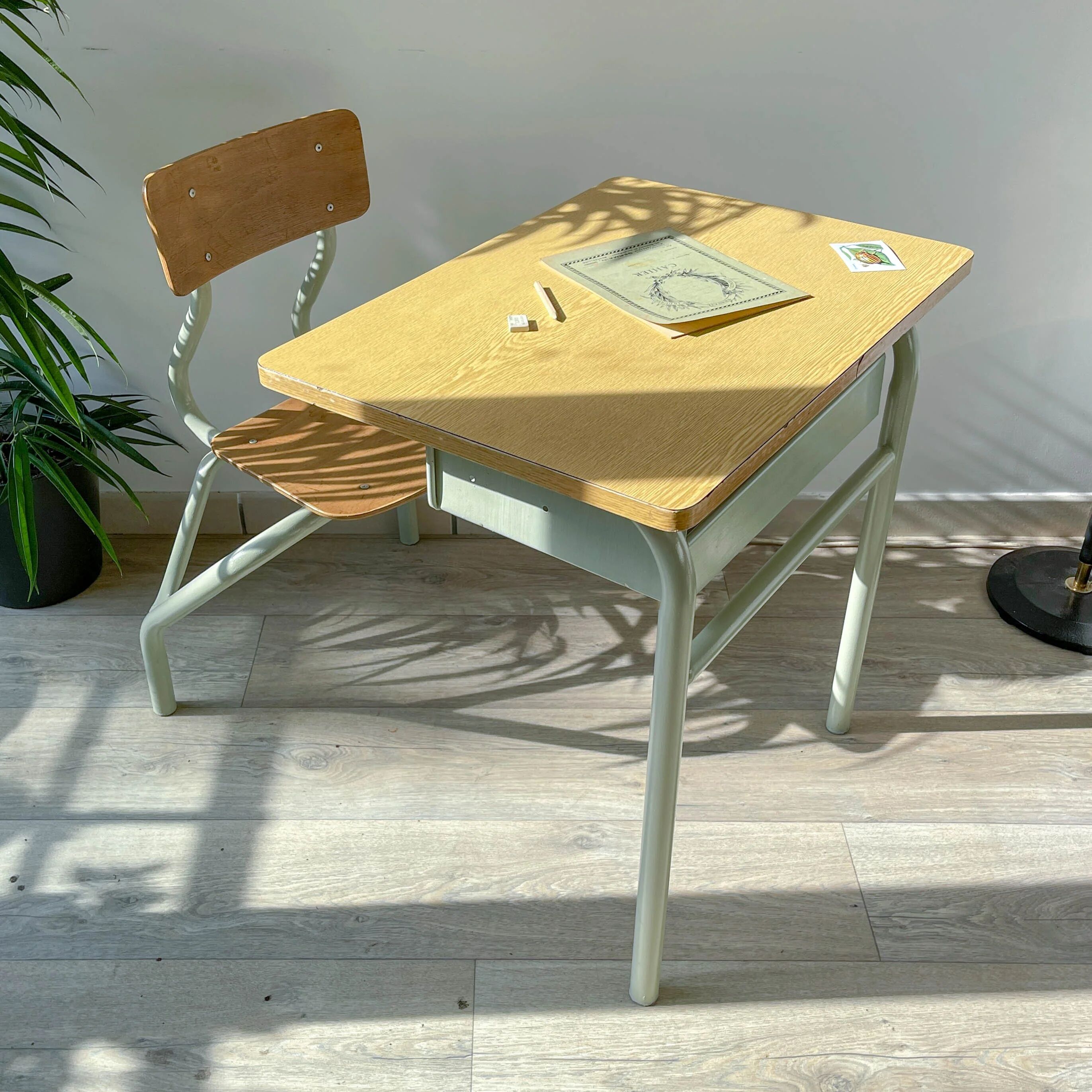 Vintage 1960s school desk – Antique wooden and metal aqua green desk – Retro school furniture – Vintage children's desk