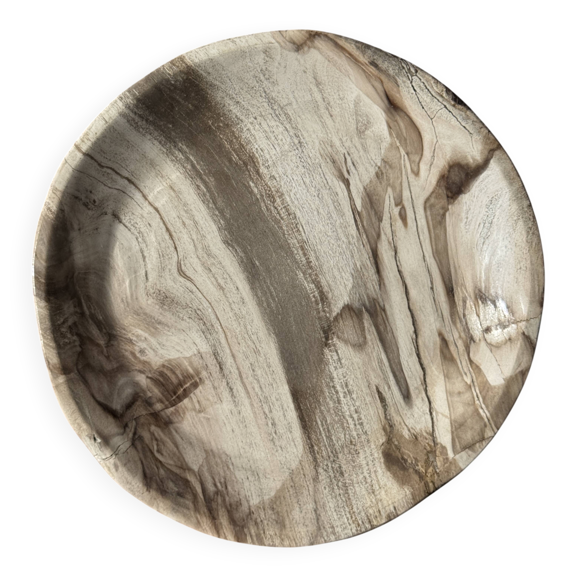 Tray, circular dish or plate made of white striped grey petrified wood.