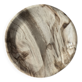 Tray, circular dish or plate made of white striped grey petrified wood.