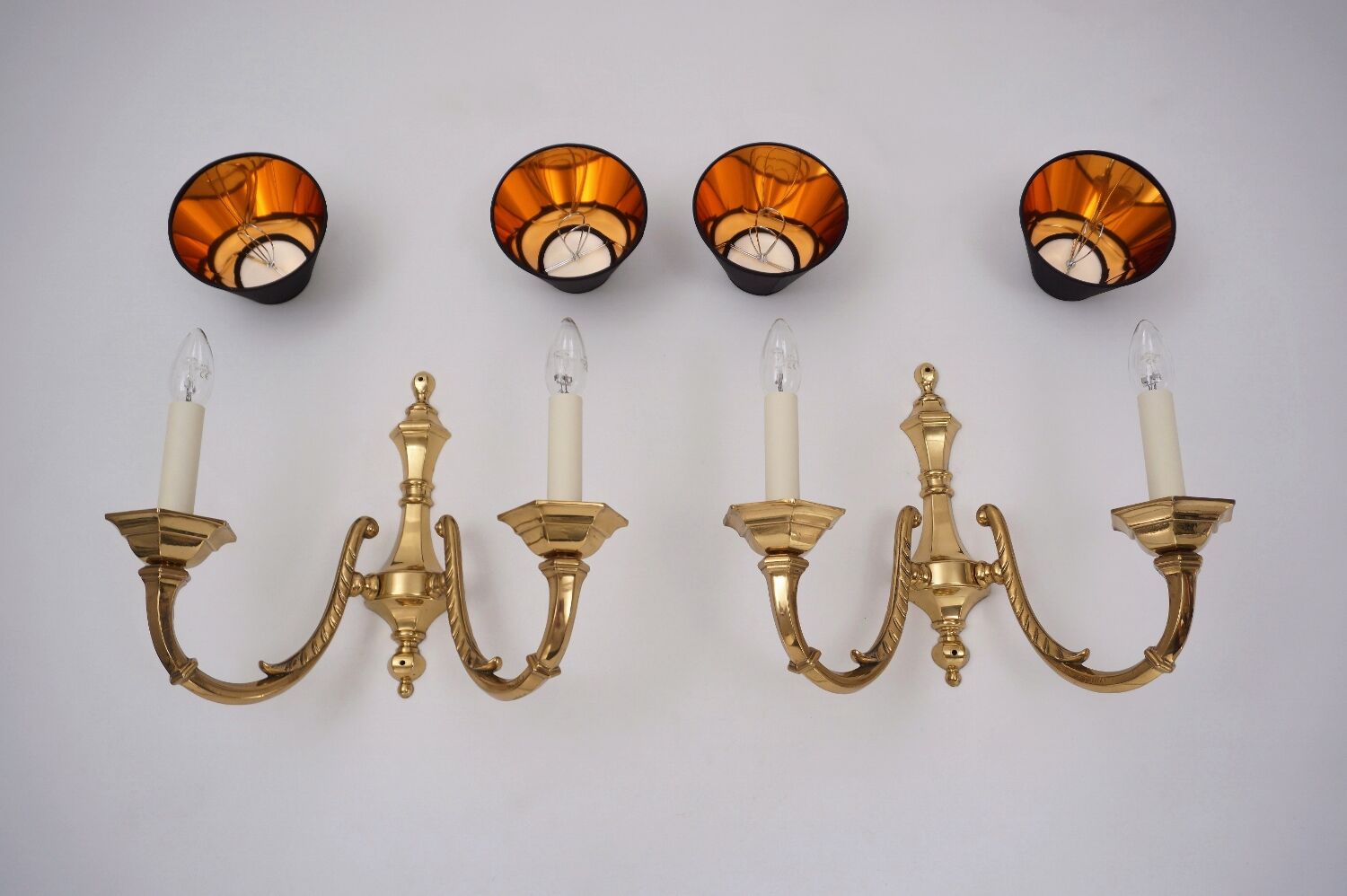Pair brass wall lights sconces, twin arm, Neoclassical, 1950`s ca, English