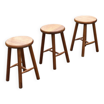 Set of 3 vintage pine stools from the 60s