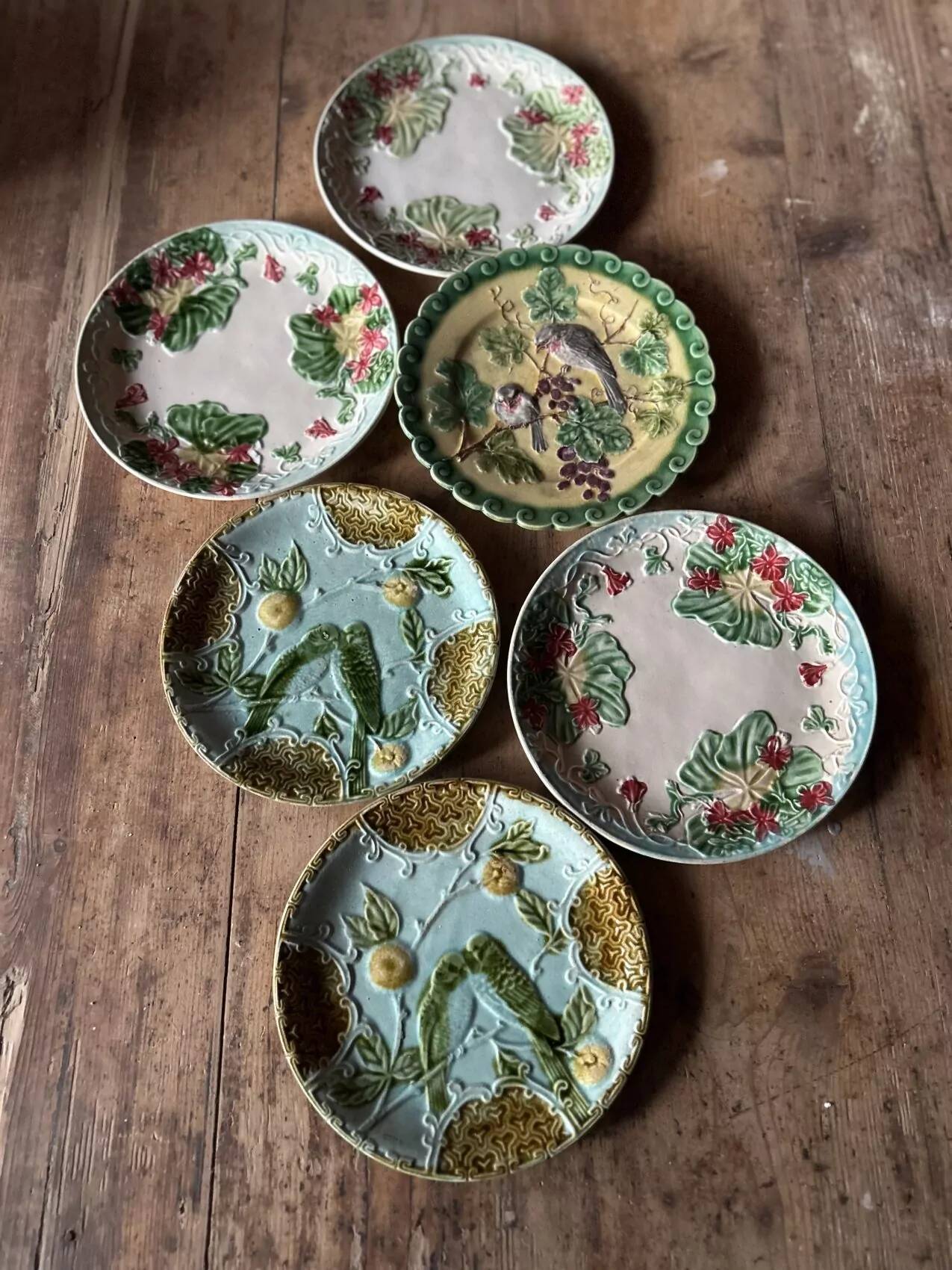 Antique faience barbotine plates – Mismatched set – circa 1900