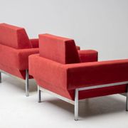 Red Kiushu armchairs by Saporiti characteristic of mid-20th century Italian modern design.