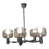 5-spoke chromed metal chandelier and smoked glass globes from Maison See Delmas 1970 vintage