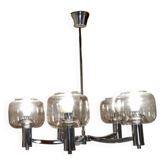 Lustre 5 branches en métal chromée et globes en verre fumés de chez Maison See Delmas 1970 vintage