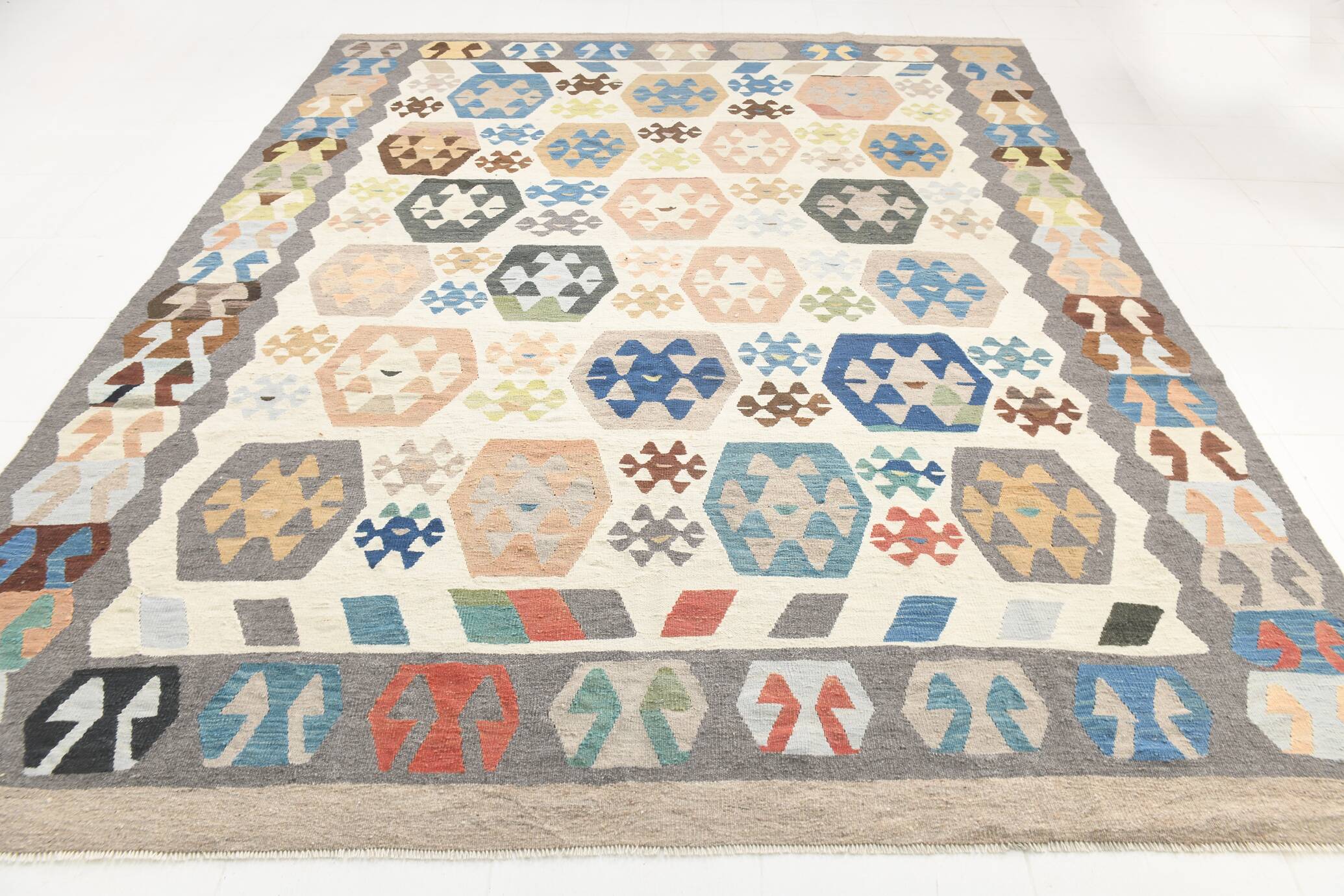 Tapis Kilim de luxe de style rare géométrique 9x11, tapis Kilim vintage de grande surface