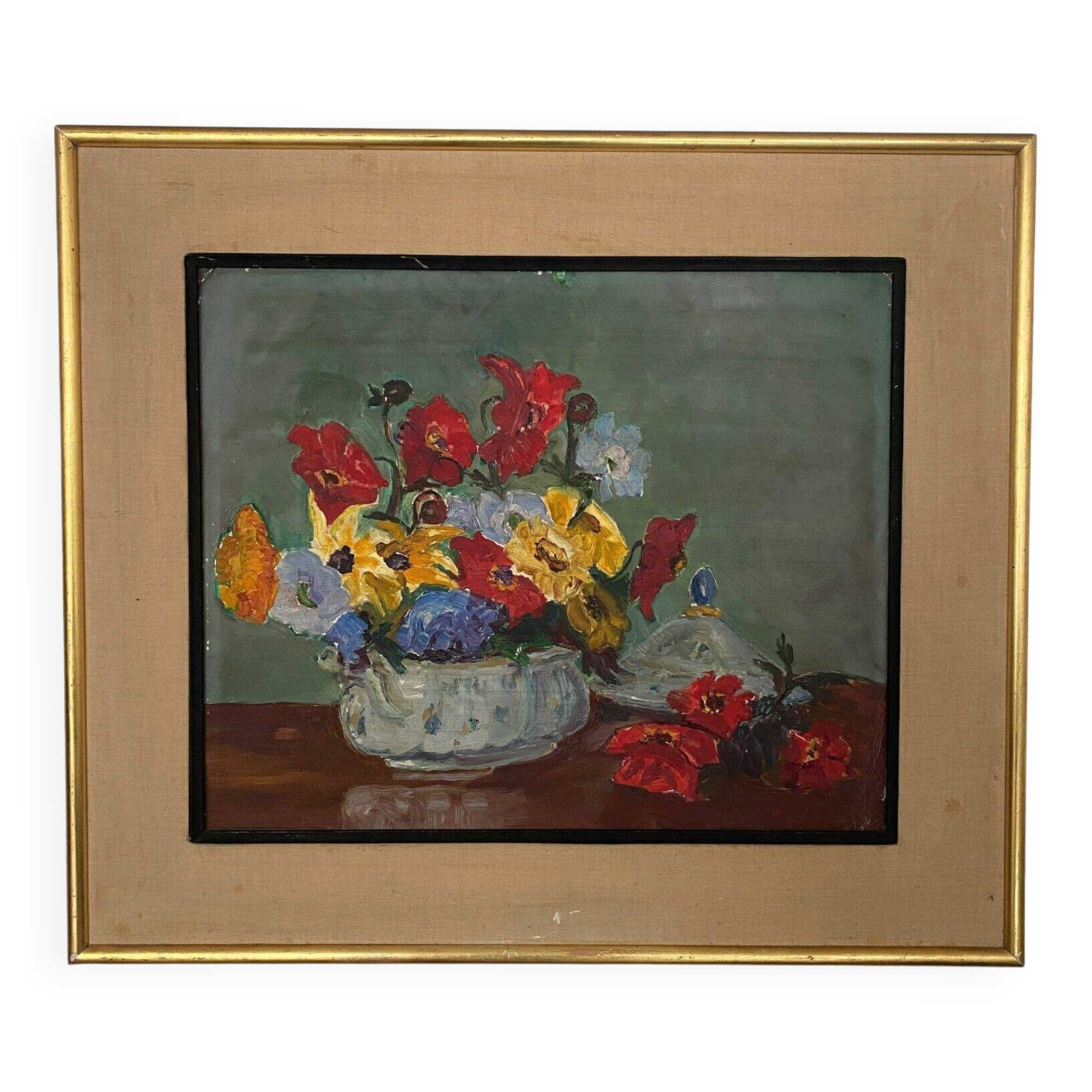 Oil on cardboard still life bouquet of flowers 20th century