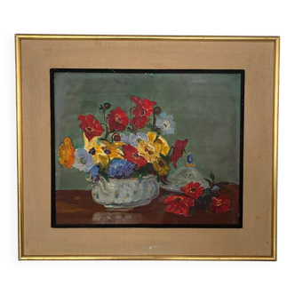 Oil on cardboard still life bouquet of flowers 20th century