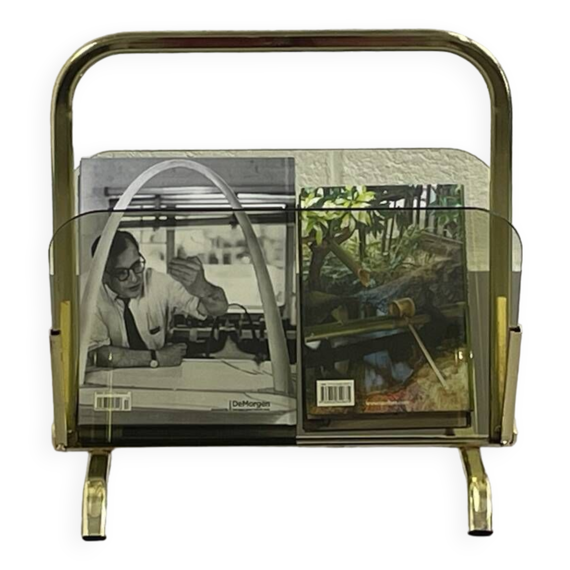 Magazine holder in brass and glass